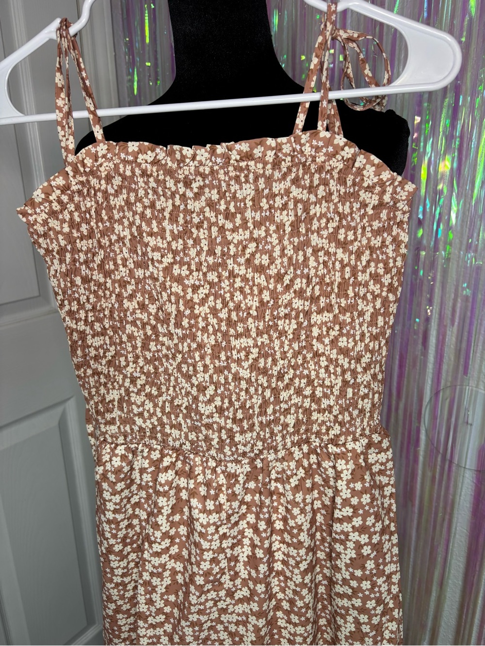 Smocked Bodice Floral Jumpsuit in Khaki/ Orange- Ruffle Wide Leg Adj Thin Straps - Picture 3 of 12